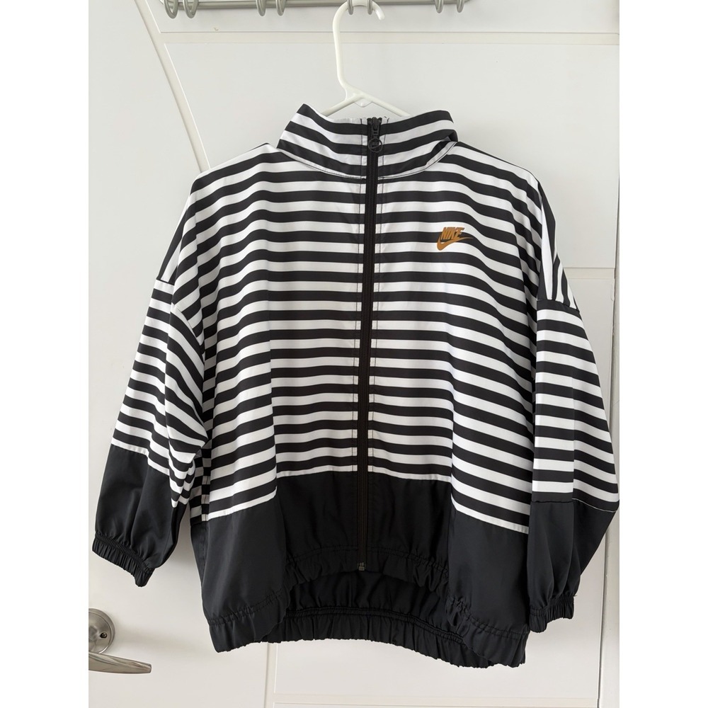 Nike Womens Medium Black White Striped Windbreaker Full Zip Jacket Gold Logo